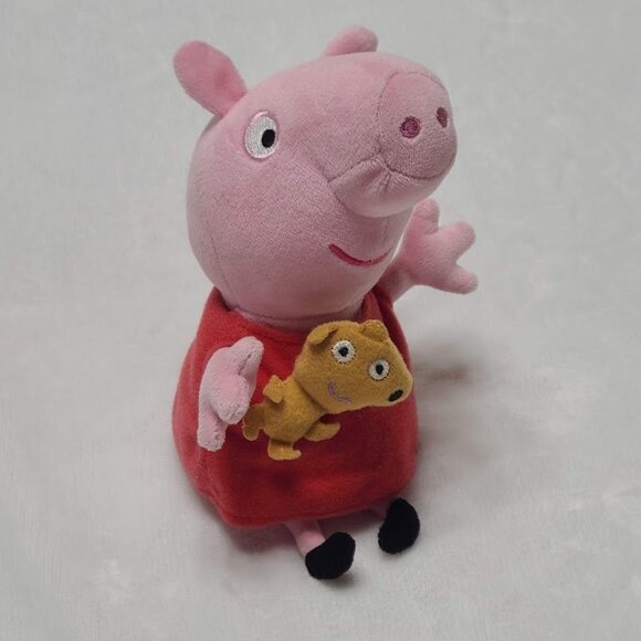 TY Peppa Pig Plush Holding Teddy Bear Beanie Baby 6” 2015 Pink Pig - Picture 2 of 10
